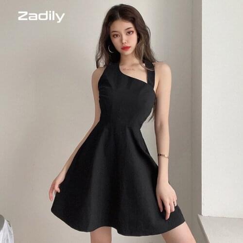 Zadily Chic Sexy Sleeveless Black Mini Dress Women Backless Hight Waist Halter Cotton Dress 2021 Summer Club Female Clothing