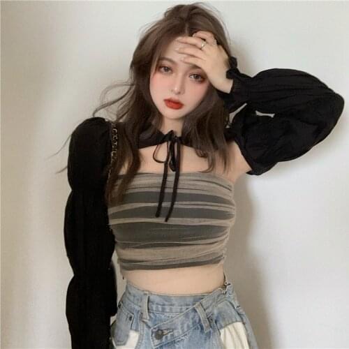 WOMENGAGA Fashion Autumn Clothing For Women Long Sleeve Lace-up cape shirt + Splicing Mesh Tube Top Sexy Two-piece 6LQR