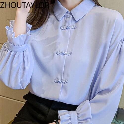 ZHOUTAYLOR Women Shirts Fashion Turn-down Collar Full Sleeve Office Lady Blouses Femme Straight Single Breasted Tops Female