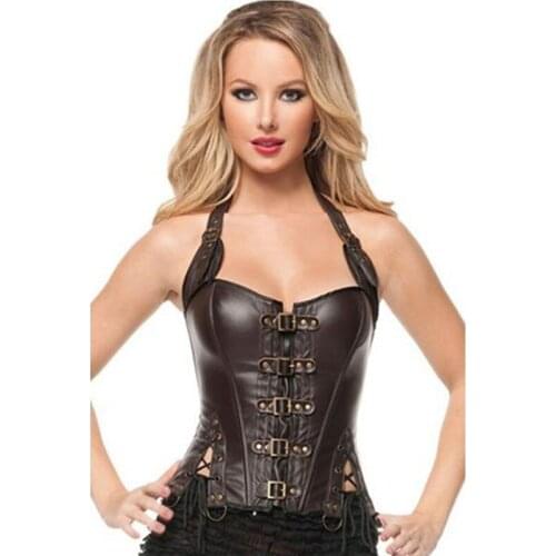 Womens PU Leather Halter Waist Lace-up Strapless Backless Sleeveless New Fashion England Button Sexy Punk Skinny Short Tops