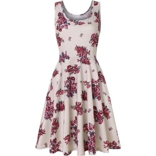 Women Summer O Neck Sleeveless Pullover knee Length Beach Beige Color Dress Ladies Floral Sundress Femme