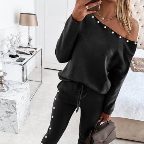 Women Sexy off shoulder tracksuit set Elegant Beads Leopard Print sports Jogger Suit Female pocket tops and long pants 2pcs set