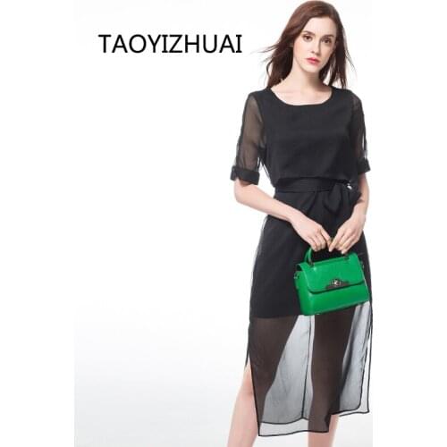 TAOYIZHUAI High Street Style Solid Sashes Straight Knee-Length O-Neck Elegant Simple Long Black Chiffon Women Dress 11514