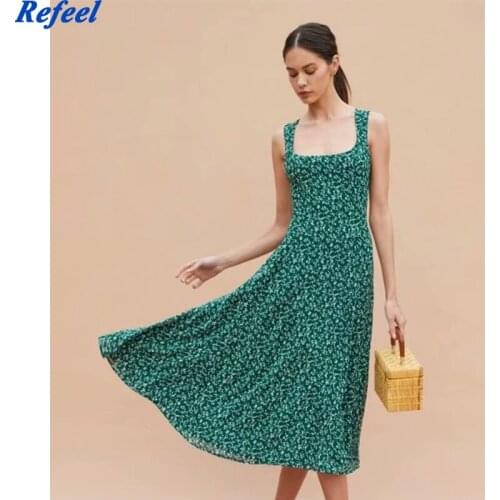 Summer 2021 Green Floral Print Women Tank Dress Vintage Sleeveless Midi Dress Fashion Chiffon Vestidos