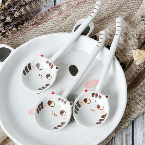 1pc Hand Painted Cute Cat Ceramic Spoon Creative Cartoon Dessert Spoons Environmental Protection Tableware Long Handle Spoon