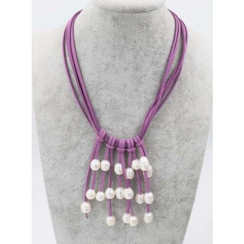 5rows freshwater pearl white egg 8-10mm necklace 18inch and green pink leather wholesale FPPJ