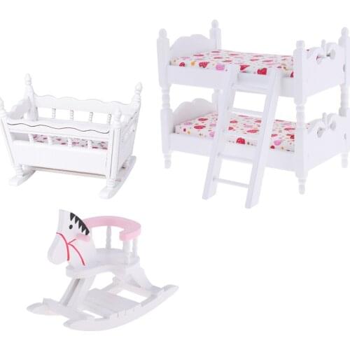 White 1/12 Scale Dollhouse Furniture Children Nursery Bedroom Bunk Bed Cradle Rocking Horse Set