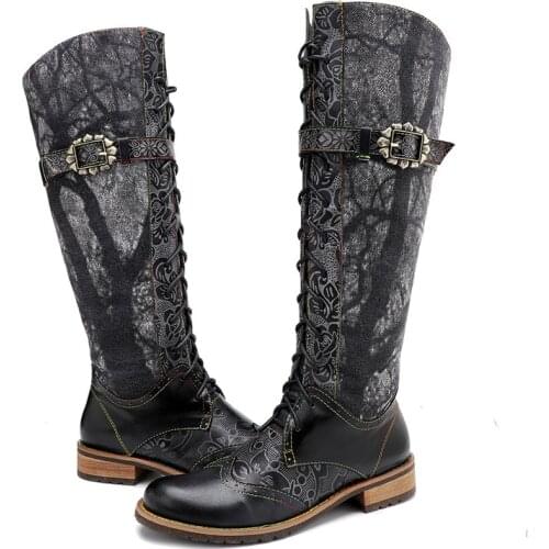 Retro Bohemian Boots Women Spring Autumn Cow Genuine Leather Buckle Strap Motorcycle Boots Chunky 4CM Heel Ankle Woman Shoes