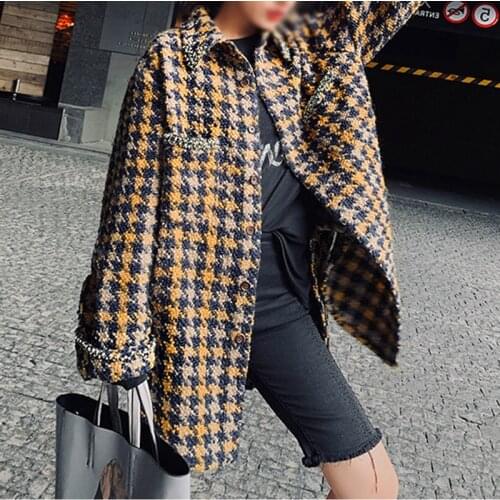IHOBBY Crystal Beading Women Hit Color Plaid Twist Jacket Fashion Spring Mid Long Wool Coat Elegant Women Oversized Outwear