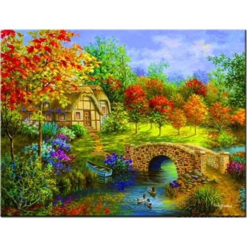 Full Square Round River Bridge Scence 5D Diy Diamond Painting Cross Stitch Kits Autumn Landscape Hut Mosaic EmbroideryZP-4151