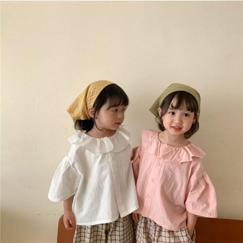 Summer cute baby girls doll collar short sleeve shirts fashion kids loose casual Tops