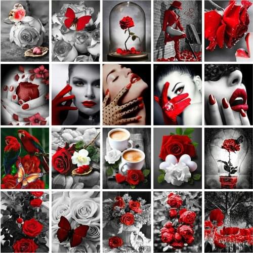 Huacan Diamond Mosaic Flowers Rhinestones Pictures Diamond Embroidery Rose Diamond Painting Full Square Drill Red Black Kit