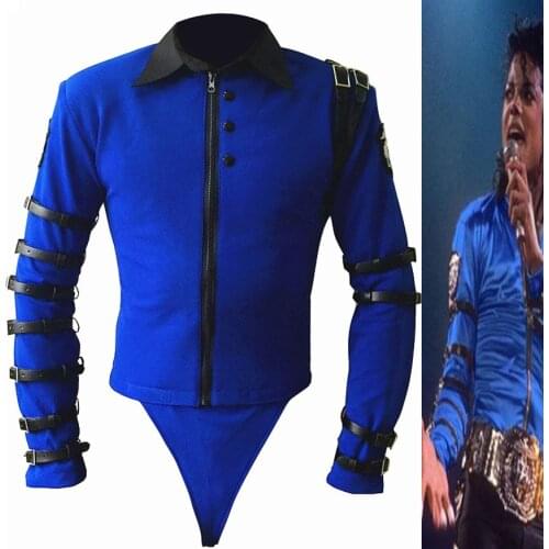 New Rare MJ Michael Jackson BAD tour Bule Bodysuit Skinny Jacket Punk Style Heavy Metal Music Ultimate Collection