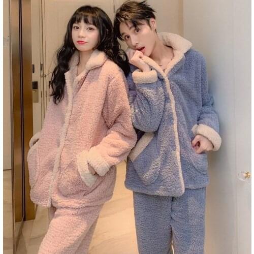 Autumn Winter Couple Sleepwear Set Pink Women Simple Lambs Wool Solid Warm Pajamas Men Blue Sleep Tops and Pants Casual Homewear