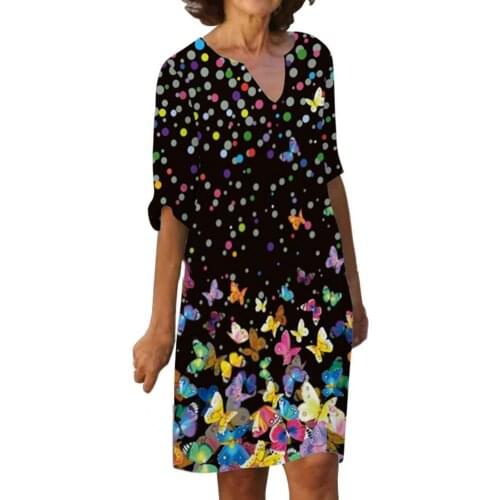 Plus Size Dress Women New Autumn Elegant Butterflies Print V Neck Half Sleeve Loose Casual Midi Dresses Party Streetwear