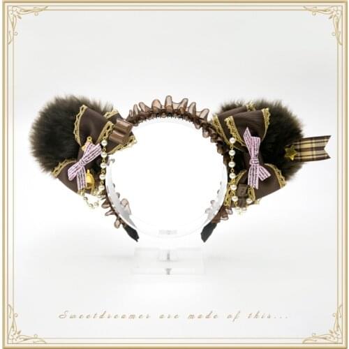 Dessert Party Handmade Fluffy Bear Ears+Bowknot Hairpin/Chocolate Trim Headband Lolita Sweet Hairclips Headwear