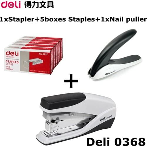 Deli 0368 manual Stapler include 5 boxes 12# 24/6 staples and 1x0236 nail puller 20 pages hand paper binding machine