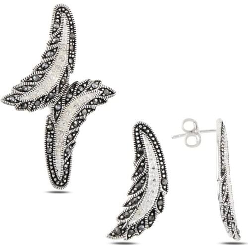 Silver 925 Sterling Marcasite Cubic Zirconia Pendant & Earrings Set