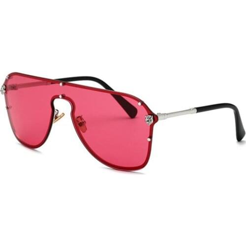 New Fashion Vintage Sunglasses Women Luxury Brand Rimless Pilot Sun Glasses Female Big Red Lens Cheetah Head Decorative Eyewear