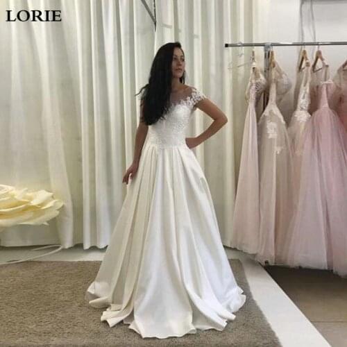LORIE A Line Wedding Dress Satin Cap Sleeve Lace Bride Dress Open Back Vestido de novia Corset Wedding Gowns