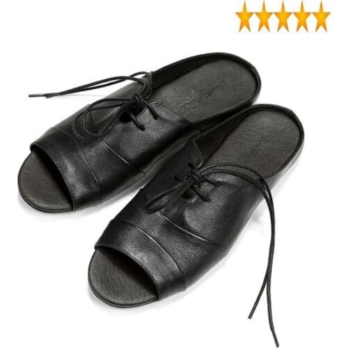 Genuine 2021 Fashion England Vintage Leather Slippers Mens Summer Rome Open Toe Shoes Black Slip On Flat Sandals Casual Footwear
