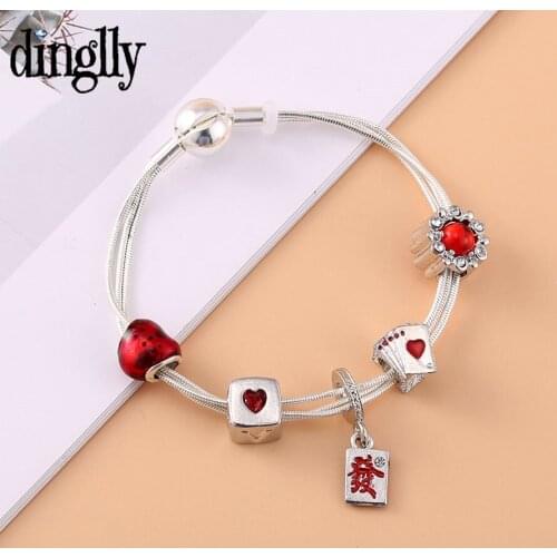 Dinglly New 3 Snake Chain Bracelets For Women Original Red Mahjong Get Rich Pendant LOVE Poker Beaded Silver Color Bracelets