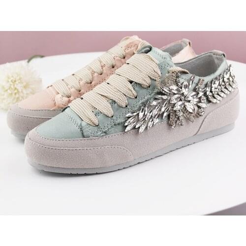 Handmade ladies casual sports shoes spring and autumn fashion leather rhinestone flat color matching single shoes comfortable