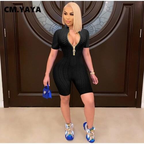 CM.YAYA Women Waffles Short Sleeve Zipper Up Playsuit for Moto Biker Active Romper Bodycon Elastic One Piece Overalls Outfits