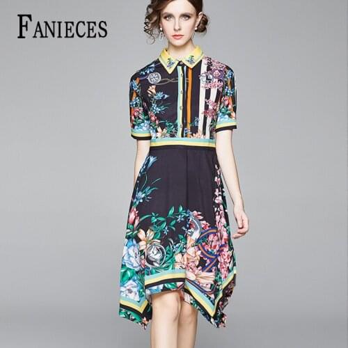 Women 2021 fashion office Runway Floral Midi long Shirt Dresses short Sleeve Robe Print Striped Casual summer fall party Dress