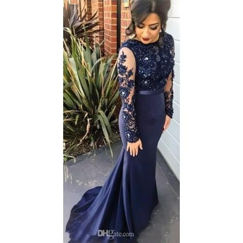 Vestidos 2020 Navy Blue High Neck Lace Mermaid Evening Dresses Long Sleeves Prom Dresses Appliqued Sweep Train Party Gowns