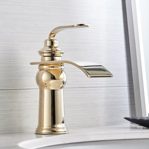 Gold Basin Faucets Modern Style Bathroom Faucet Deck Mounted Waterfall Single Hole Mixer Taps Both Cold and Hot Water Crane 9273