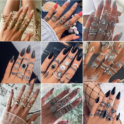 ZV New Variety Ethnic Finger Ring Set For Women Bohemia Rings Simple Girlfriend Valentine Day Gift Hollow Hoop Party Jewelry