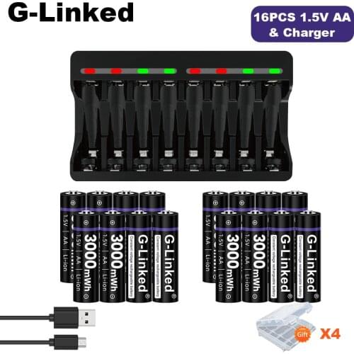 16pcs AA 1.5v Li-ion Rechargeable Battery 3000mWh 1.5V AA Lithium Rechargeable Battery + 1.5V AA AAA Lithium Battery Charger Led