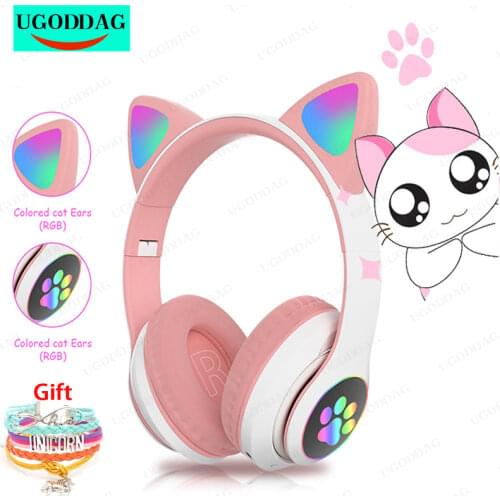 New RGB Cat Ear Headphones Bluetooth 5.0 Bass Noise Cancelling Adults Kids Girl Headset Support TF Card Casco Mic Gift Bracelet