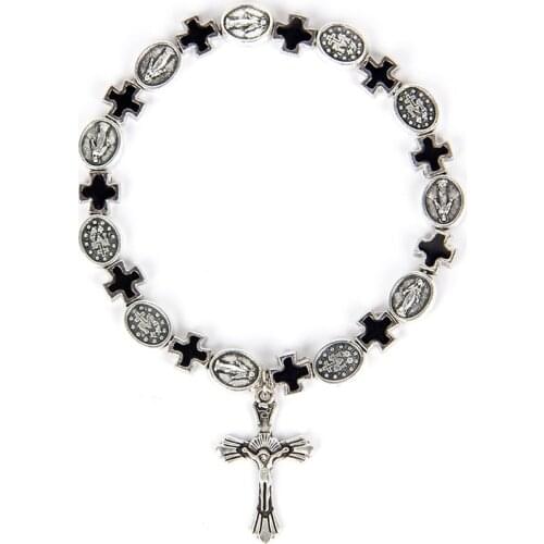 Handmade Rosary Bracelet Elasticated Metal Bracelet Round Rose Alloy Beads Catholic Saints Images Prayer Bracelets