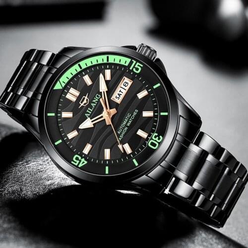 AILANG Mens Watch Automatic Sports Waterproof Black Dial Luminous Calendar Atmospheric Luxury Mens Watch Stainless Steel Strap