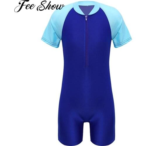 2021 Kids One-Piece Swimsuit for Girls Children Swimsuit Jumpsuit Zipper Front Short Sleeve Boyshorts Bathing Suit Beach Wear