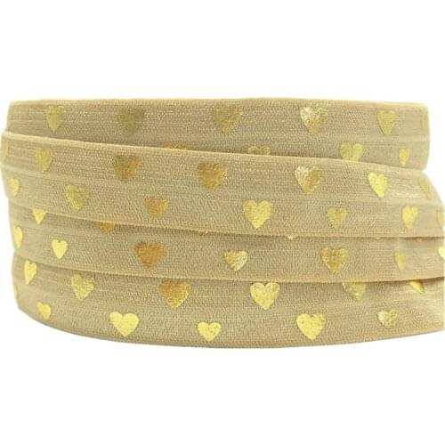 5Yards 16mm Gold Heart Print Fold over elastic FOE Elastic Ribbon DIY Hair Ribbon