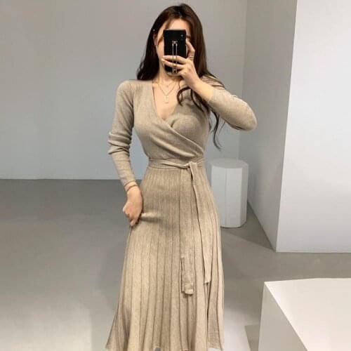 Stretchy Women Knitted Bodycon Pencil Dress Autumn Winter Solid Vestidos Long Sleeve V Neck Slim Lady Chic Korean Dress