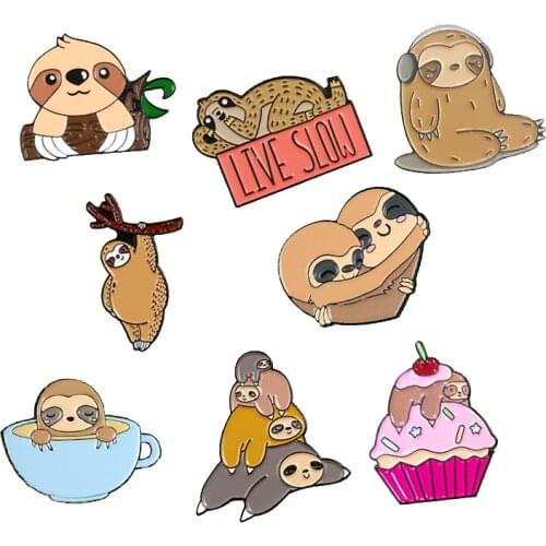 Cute sloth cartoon animal enamel brooch Climbing branches Riding a cake embrace listen to music Coffee cup Creative badge