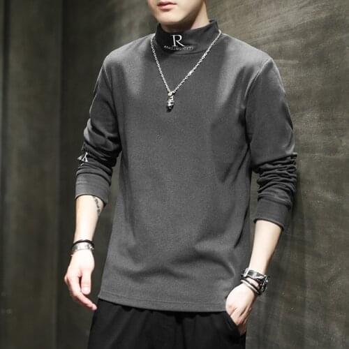 Long Sleeve T-Shirts Men Embroidery Letter T Shirt Homme Turtleneck Streetwear Autumn Winter Casual Fashion Sweater Male