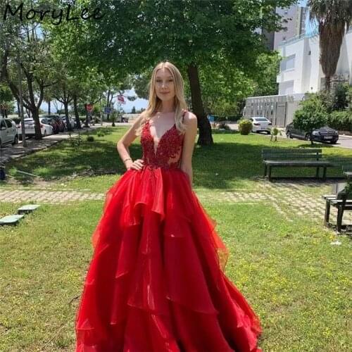 Red Evening Dresses V-Neck Sleeveless A-Line Lace Applique A-Line Soft Tulle Evening Dresses vestidos de fiesta de noche