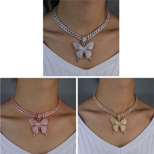 Butterfly Pendant Cuban Chain Cubic Charm Tennis Chain Necklace Fashion Jewelry F3MD