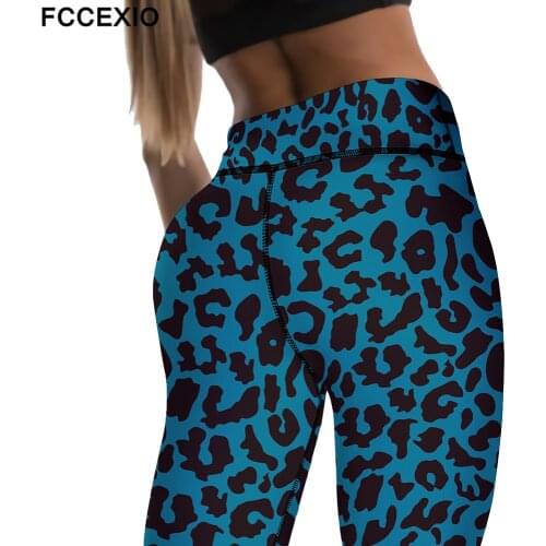 FCCEXIO Leggings Women Fashion Blue Leopard Grain Printing Legging Sexy Silm High Waist Stretch Trouser Pants Женские штаны