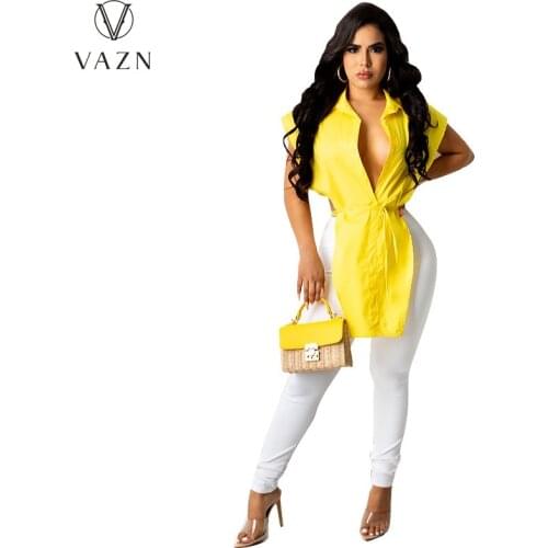 VAZN 2021 Summer Office Solid Modern Style Shinny V-neck Sleeveless Sport Clothing Shirts Women Top