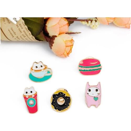 Fashion Personality Cartoon Cute Cat Hamburger Coffee Drink Donuts Brooch Pins Denim Lapel Badge Hat Collar Enamel Pin Brooches