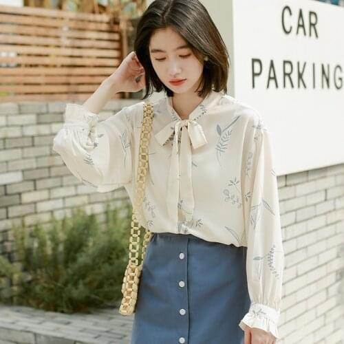2021 Spring New Bow Print Chiffon Shirt Womens Loose Korean Top Design Sense Minority All-Match