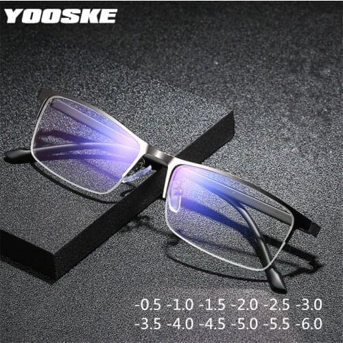 YOOSKE Anti-blue light Finished Myopia Glasses Women Men Business Half Frame Short-sighted Diopter Glasses -1.0 -1.5 -2.0 TO -6