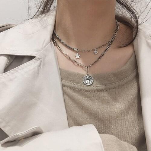 Handmade Star Smiling Face Round Card Letter Necklace Thai Silver Anti-allergic Necklace For Women Men S-N659