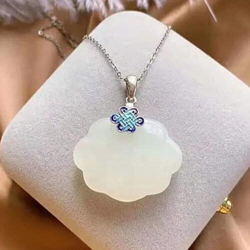 S925 Sterling Silver Gilding Natural Hetian Jade Chinese Knot Pendant Blue Craft Chinese Style Retro Ethnic Style Jewelry